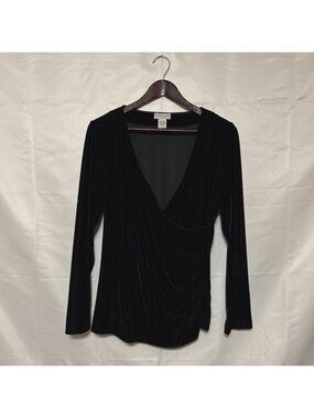 Soft Surroundings Black Velvet Drape Front Long Sleeve Top L